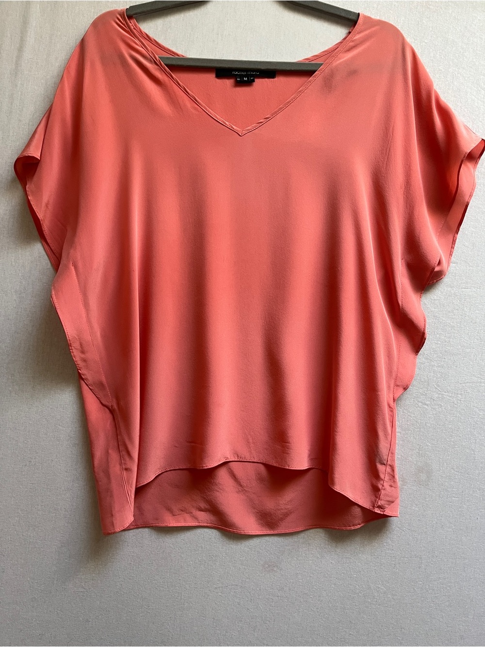 Rachel Mara 100% Silk V-Neck Flutter Sleeve Blouse High Low Hem Size M